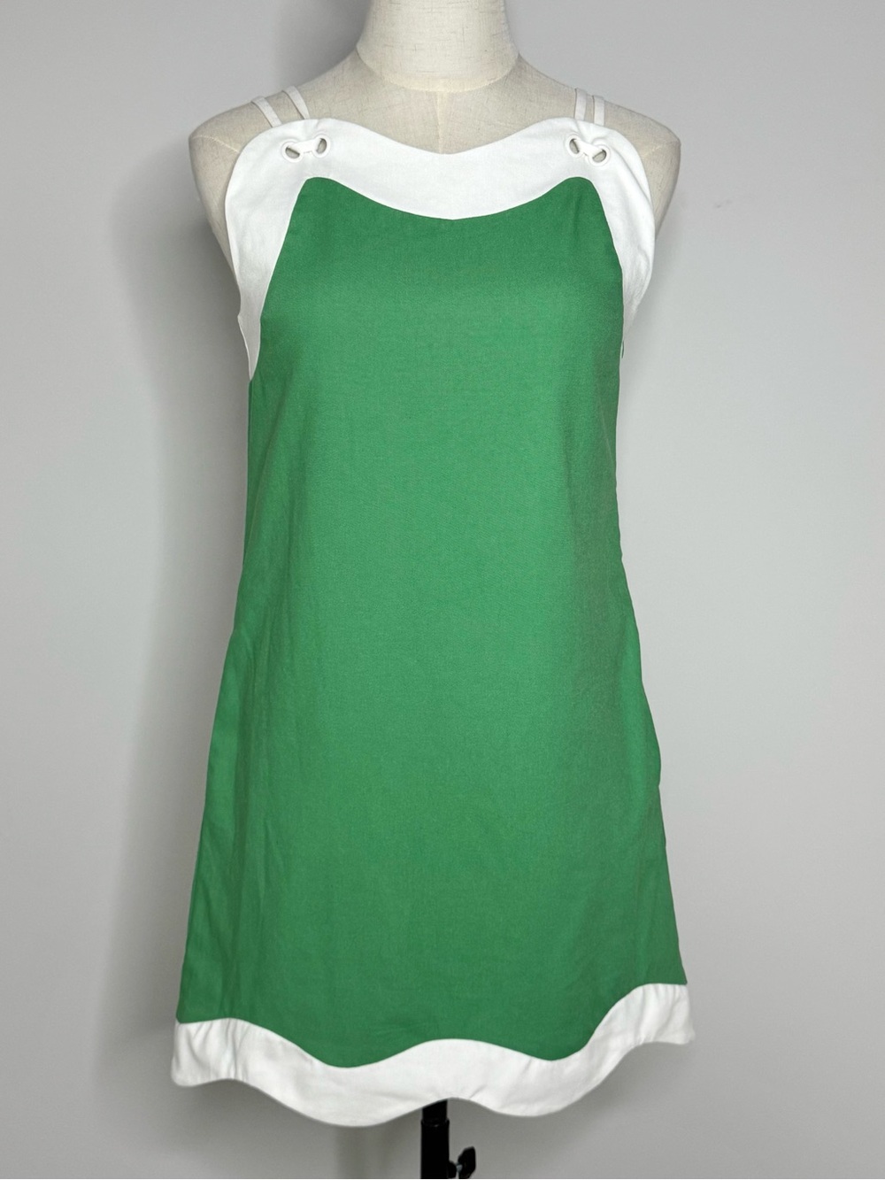 Aureum x Avara Shirley Dress Linen Cotton Scalloped Green White Size XS NWT